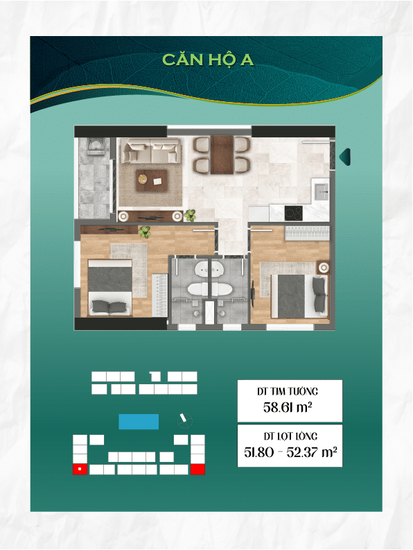 Mẩu căn hộ A diện tích 58.61 m2 dự án Bcons City - Tháp Green Emerald