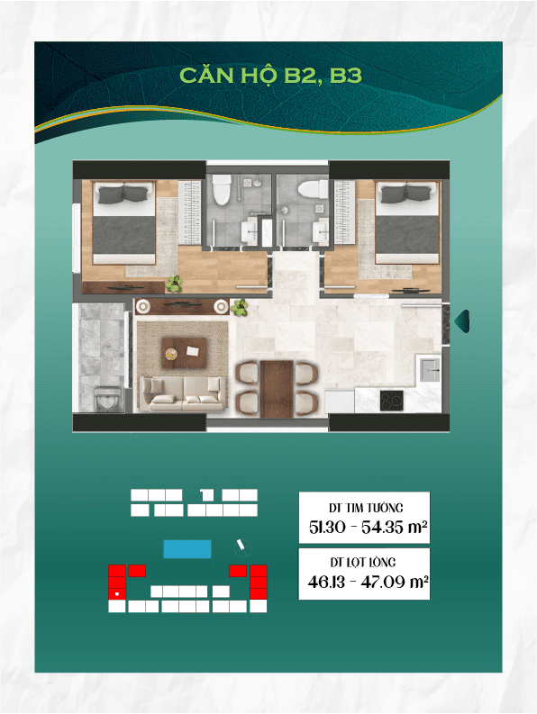 Mẩu căn hộ B2, B3 diện tích 51.3 - 54.35 m2 dự án Bcons City - Tháp Green Emerald