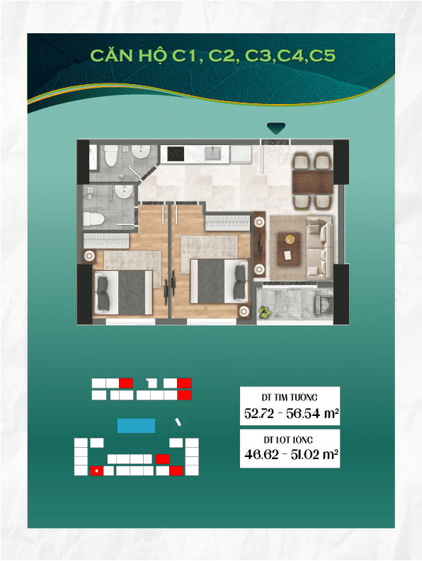 Mẩu căn hộ C1, C2, C3, C4, C5 diện tích 52.72 - 56.54 m2 dự án Bcons City - Tháp Green Emerald
