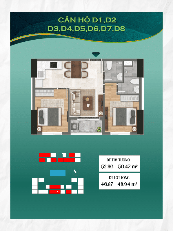Mẩu căn hộ D1, D2, D3, D4, D5, D6, D7, D8 diện tích 52.36 - 56.47 m2 dự án Bcons City - Tháp Green Emerald