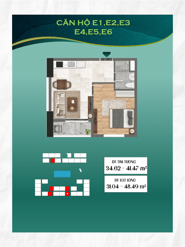 Mẩu căn hộ E1, E2, E3, E4, E5, E6 diện tích 34.62 - 41.47 m2 dự án Bcons City - Tháp Green Emerald