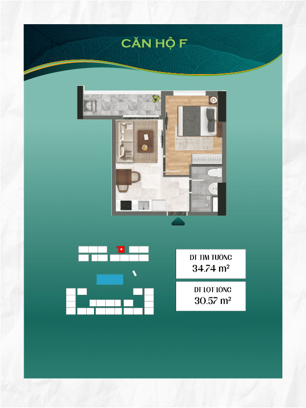 Mẩu căn hộ F diện tích 34.74m2 dự án Bcons City - Tháp Green Emerald