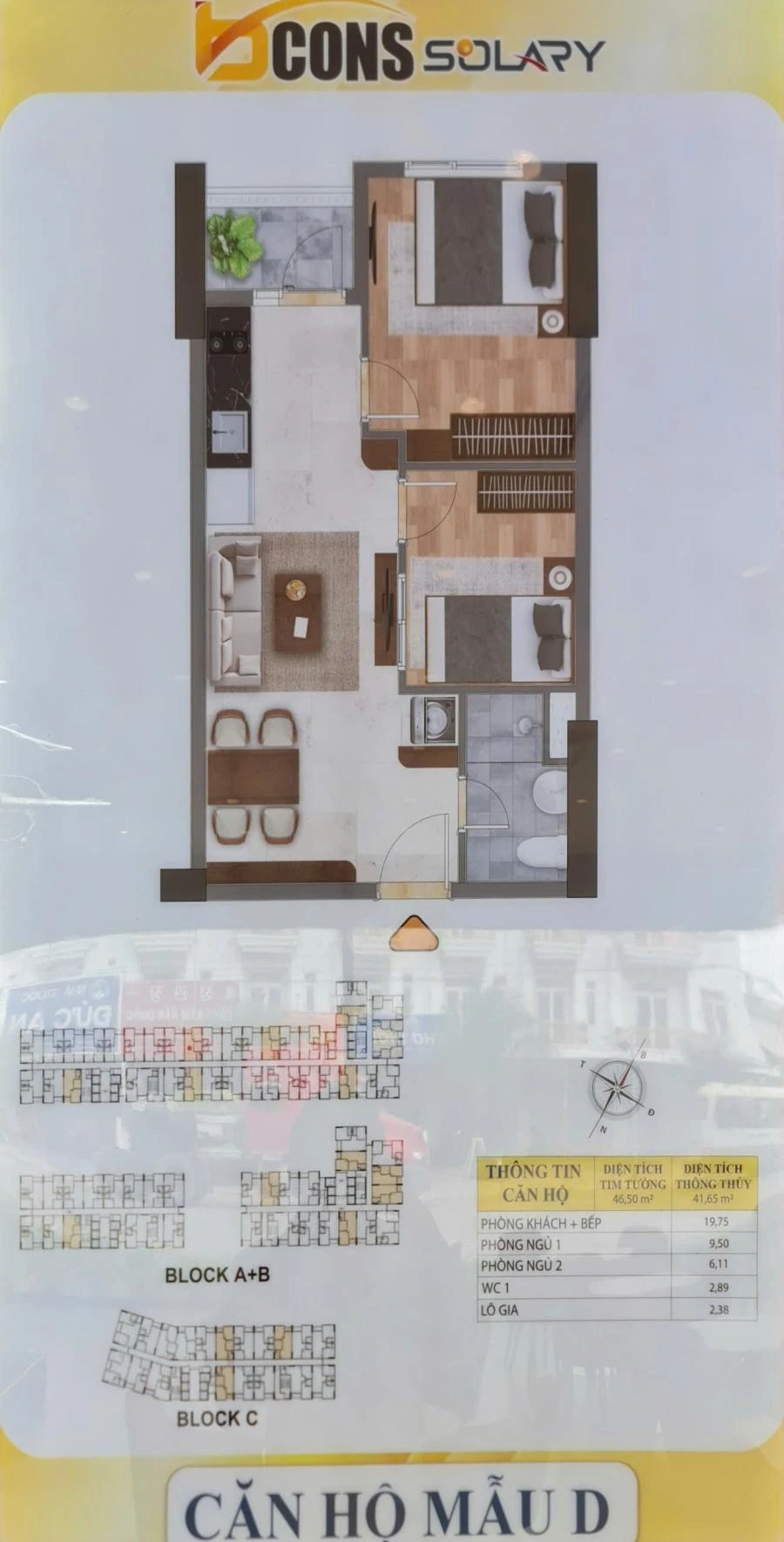 Mẫu căn D Bcons Solary diện tích 46,50m2