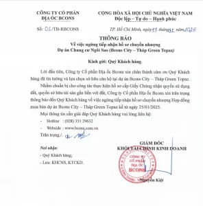 Thông báo ngưng nhận hồ sơ chuyển nhượng Bcons City - Tháp Green Topaz