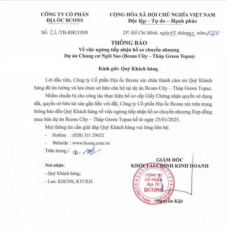 Thông báo ngưng nhận hồ sơ chuyển nhượng Bcons City - Tháp Green Topaz