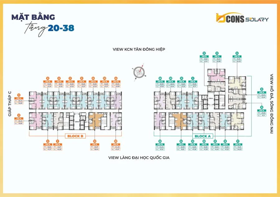 Mặt bằng tầng 20 - 38 Tháp A - B dự án Bcons Solary