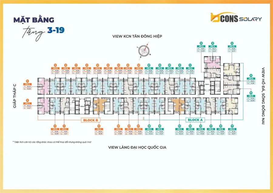 Mặt bằng tầng 3 - 19 Tháp A - B dự án Bcons Solary